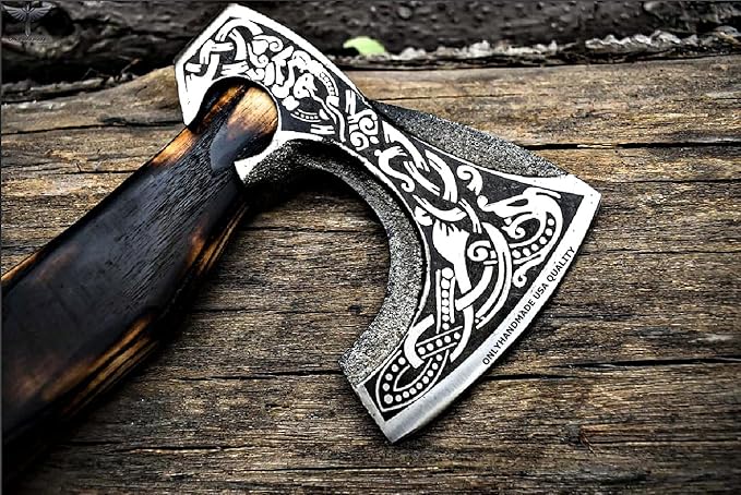 Custom Gift Forged Carbon Steel Viking Axe with Rose Wood Shaft, Viking Bearded Camping Axe & Hatchet, Best Birthday Gift for Him, 18 Inches (Medieval Axe)