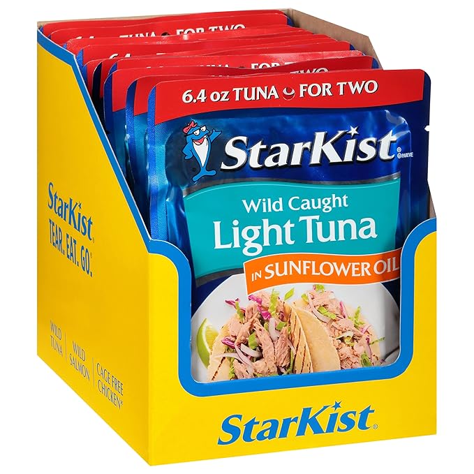 StarKist Chunk Light Tuna in Sunflower Oil, 6.4 oz Pouch (12 Pack) Ready to Eat Wild Caught Tuna, 19g Protein Per Serving, Gluten Free, Soy Free, Kosher, Perfect for Salads, Keto Meals and Snacks