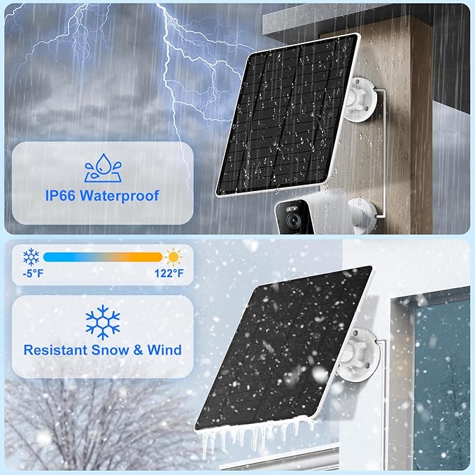5W Solar Panel for Security Camera Outdoor, Micro USB & USB-C Port Camera Solar Panel, Compatible with Rechargeable Battery Powered Cameras, IP65 Waterproof, 9.8ft Cable, 360° Adjustable Bracket