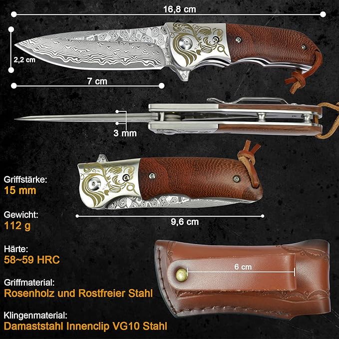 AUBEY Damascus Pocket Knife with Clip, Folding Knives with VG10 Damascus Steel Blade, Wooden Handle, Foldable EDC Knifes for Outdoor Survival Collection Gift