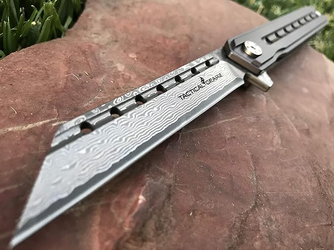 TACTICAL GEARZ Damascus Pocket Knife for EDC, Solid Titanium Handle, 67 Multi-Layered Damascus Steel VG10 Tanto Blade (Onyx XT Midnight)