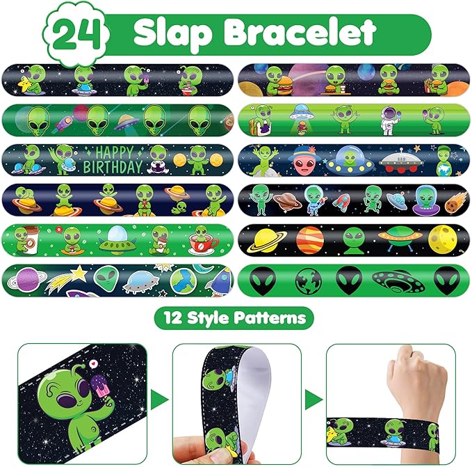 72 PCS Alien Party Favors 48 Tattoos Sticker and 24 Slap Bracelets Wristbands Perfect for Space Themed Birthday Baby Showers or Classroom Rewards Ideal Decor and Gifts for Girls and Boys