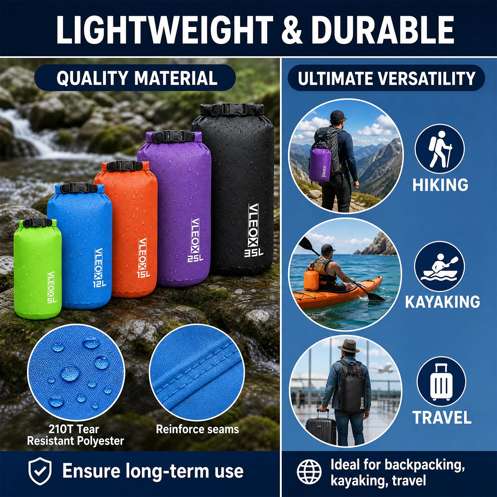 vleoX Dry Bag 3-Pack/5-Pack, Lightweight Dry Sack, Waterproof Bags