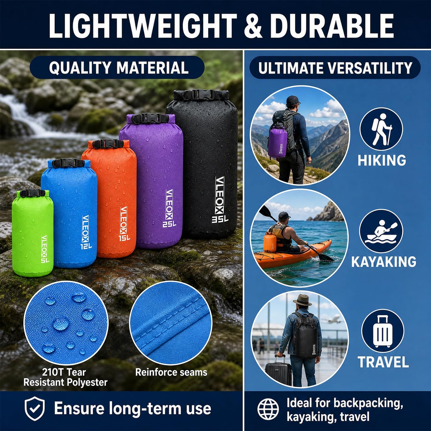 vleoX Dry Bag 3-Pack/5-Pack, Lightweight Dry Sack, Waterproof Bags