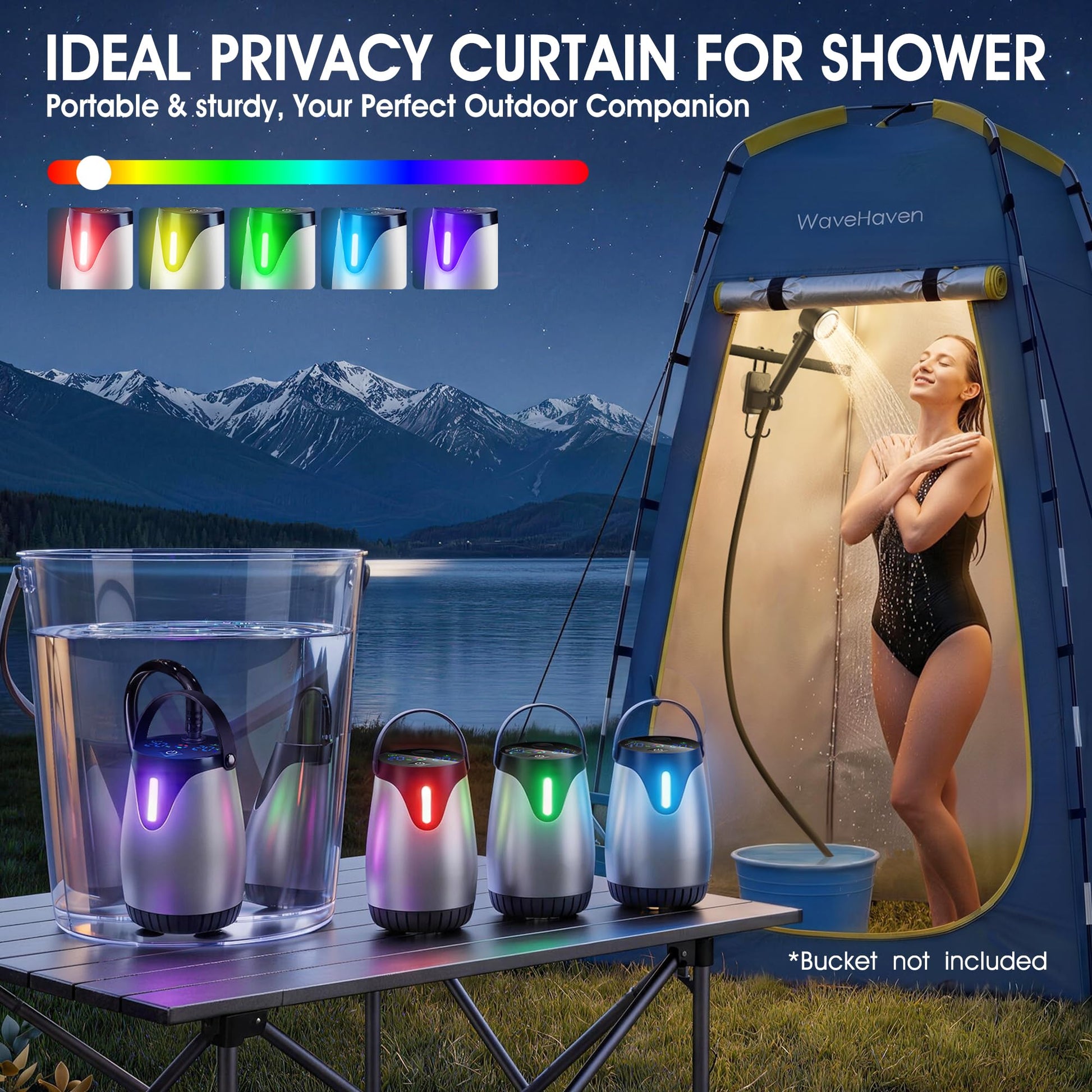 WaveHaven Portable Camping Shower, Portable Shower with Tent, 8000mAh Rechargeable Camp Shower Pump