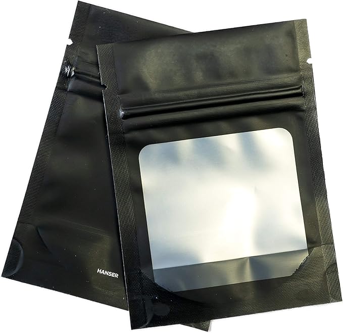 HANSER | Smell Proof Odorless Mylar Resealable Foil Pouch Bags with clear Window | Stand up bottom | Airtight | matte black | 100 Pieces | 3x4 inches