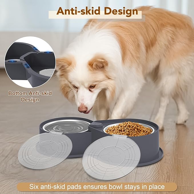Stainless Steel Dog Bowl Set with Lids, 304 Metal Dual Food & Water Bowls for Dogs & Cats, Foldable Pet Feeder with Cover Keeps Food Fresh, Anti-Skid Dog Dish for Small/Medium/Large Pets