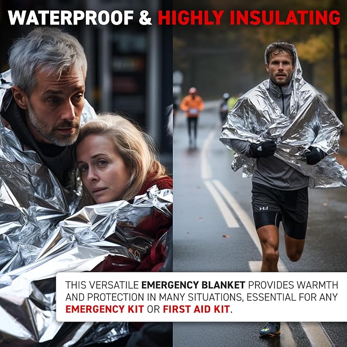 72 HRS Large Emergency Mylar Space Blankets 120-Pack, MIL-SPEC 54″ × 88″ Thermal Survival Foil – Retains 90% Body Heat, Waterproof Reflective Blanket for Camping, Hiking, Marathon, First Aid
