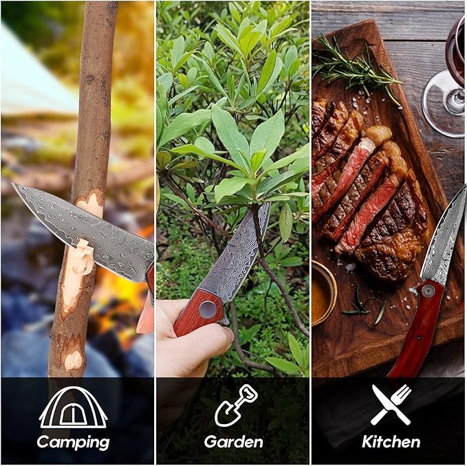 Benkey Damascus Folding Knife with Clip Leather Sheath Camping Knife EDC, Sharp Damascus Pocket Knife Handmade with Liner Lock and Wood Handle for Outdoor Survival Hunting Collection