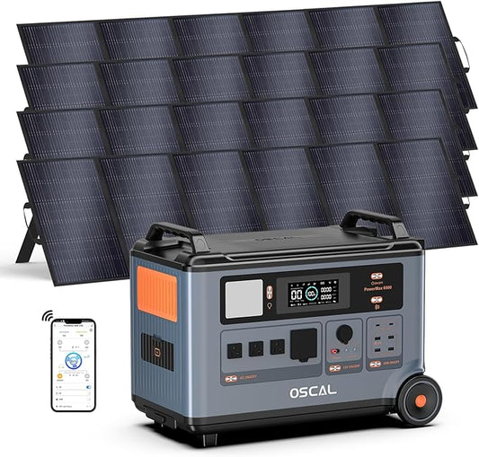 OSCAL PowerMax 6000 Solar Generator with 4x500W Solar Panel, 120V/240V Split Phase Voltage 6000W AC Outlets (7200W Peak), 2200W AC Charging/2400W PV Charging for Home, Emergency, Bank Battery Backup