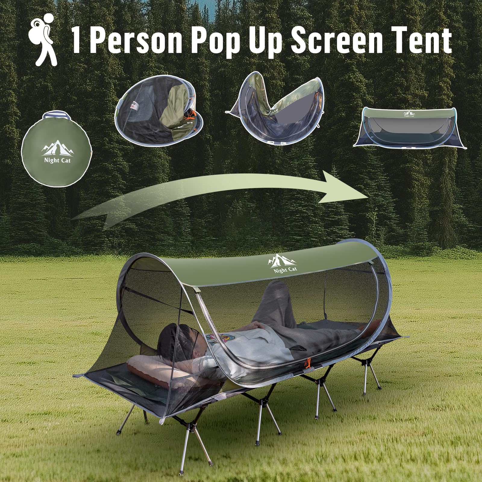 Night Cat Pop-up Mosquito Tent: 1 Person Camping Tent with Bug Screen Net Easy Set-up Tent Fits for