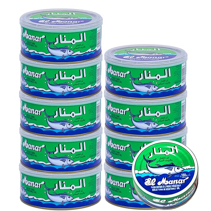 El Manar Solid Light Tuna in Sunflower Oil- 5.6 oz Pack of 10 - Canned Tuna Fish in Sunflower Oil ??Wild Caught Fresh Tuna in Vegetable Oil - Non-GMO - Gluten Free Tuna