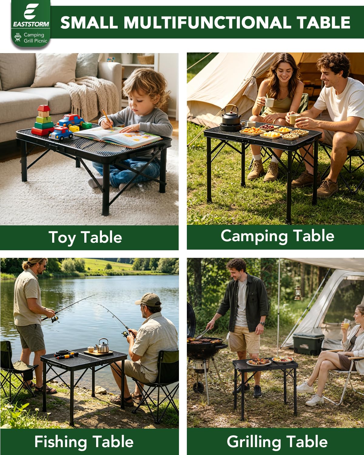 2 Ft Folding Camping Table, Adjustable Height 10.6-22 in, Small Grill Table
