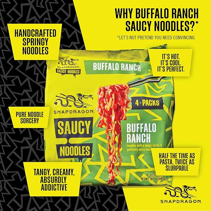Snapdragon Saucy Instant Noodles with Spicy Buffalo Ranch Slurpable Sauce - Quick Meal, Snack, and Lunch. 4-Pack Microwave Noodles for Cup, Bowl, Ramen or Asian Stir Fry
