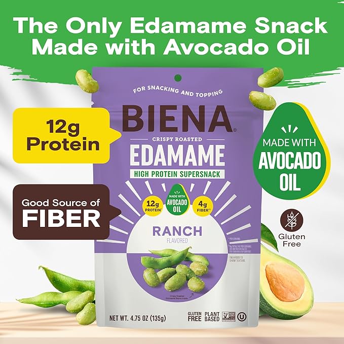 Biena Crispy Roasted Edamame Beans Snack ??High Protein Snack for Adults & Kids, 12g-13g Protein per Serving - Made with Avocado Oil ??Vegan, Low Carb, Gluten-Free ??3-Pack 4.75oz, Ranch