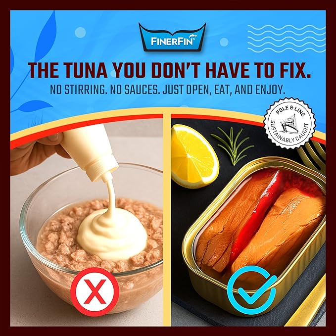 FinerFin Yellowfin Tuna In Organic Olive Oil ??Spicy Chili Flavor (4.4oz can - 6 Pack); Premium Canned Fish with EVOO, Keto Friendly, Gourmet Ready-to-Eat Fillets, Wild-Caught