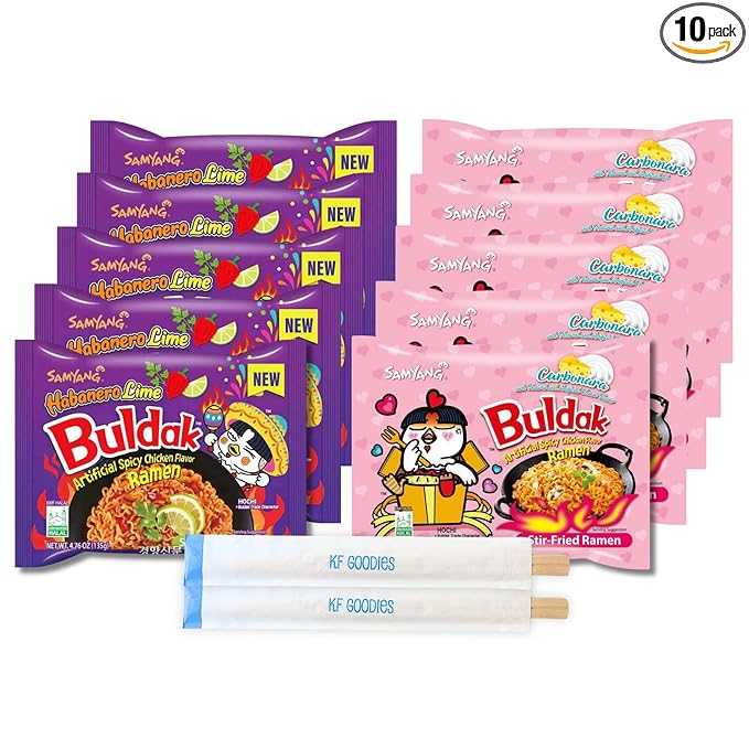 KF GOODIES Korean Ramen Variety Pack Gift Box (10 Count) – Spicy Buldak Noodle Assortment for Birthdays, College Care Packages, Office Snacks, and Gift Baskets