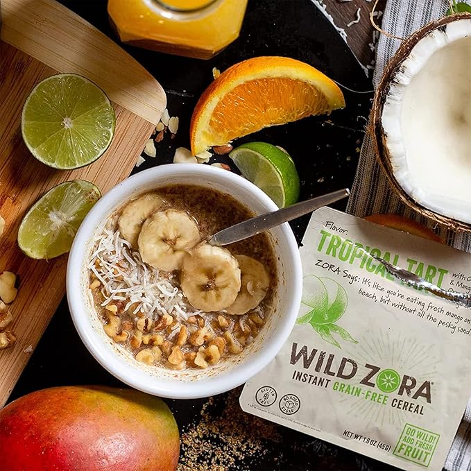 Wild Zora Instant Grain-Free Hot Cereal - Tasty Paleo Friendly Cereals, Instant Hot Meal, Breakfast to Go, Oatmeal Substitute, No Added Sugar, Grain, Dairy, or Soy, Gluten Free, Tropical Tart, 5-pack
