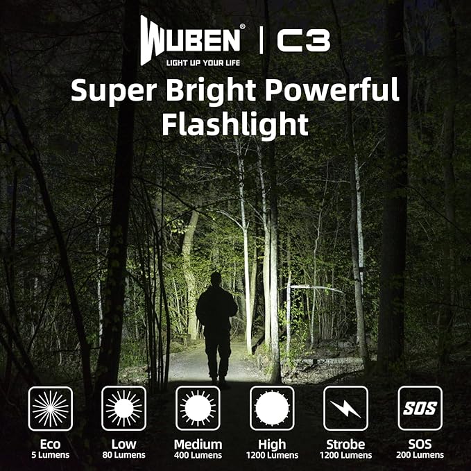 WUBEN C3 Rechargeable Flashlight 1200 High Lumens Super Bright, LED Tactical Flashlights, Powered EDC Flash Light IP68 Waterproof, 6 Light Modes for Camping, Emergency, Outdoor, Rescue, Inspection