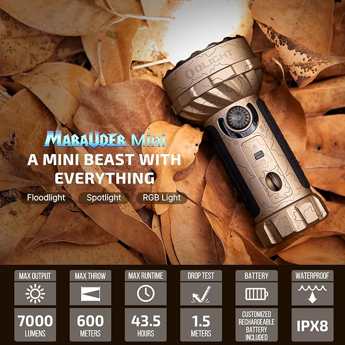 OLIGHT Marauder Mini 7,000 Lumens Bright Flashlight with 600 Meters Beam Distance, Powerful RGB Lights, Magnetic Rechargeable for Outdoors Work, Hunting, and Searching(Desert Terrain)