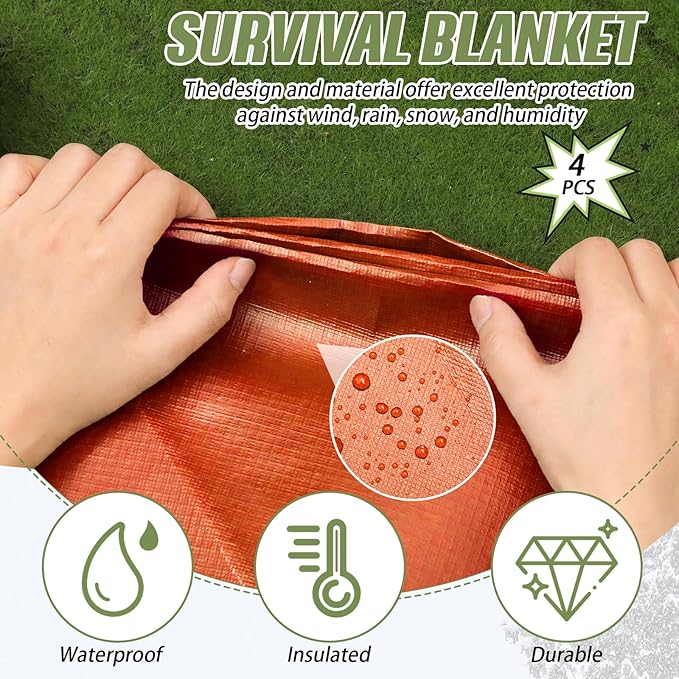 Kanayu 4 Pcs Emergency Thermal Survival Blankets 82 x 60 Inch,Heavy Duty Emergency Poncho Tarp Reusable Waterproof Blanket for Car,Camping,Hiking(Olive Green, Orange)