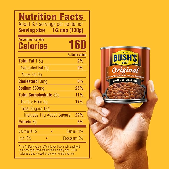BUSH'S BEST 16 oz Canned Original Baked Beans, Source of Plant Based Protein and Fiber, Low Fat, Gluten Free, (Pack of 12)
