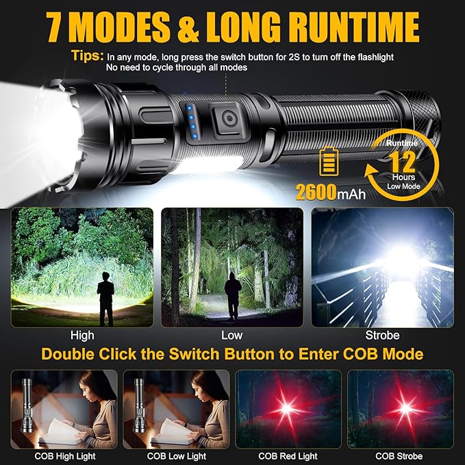 Rechargeable Flashlights High Lumens - 500 LM Super Bright LED Flashlight Powerful Tactical Flashlight with Zoomable, 7 Modes, IPX7 Waterproof, Handheld Flashlight for Camping, Hiking, Emergencies