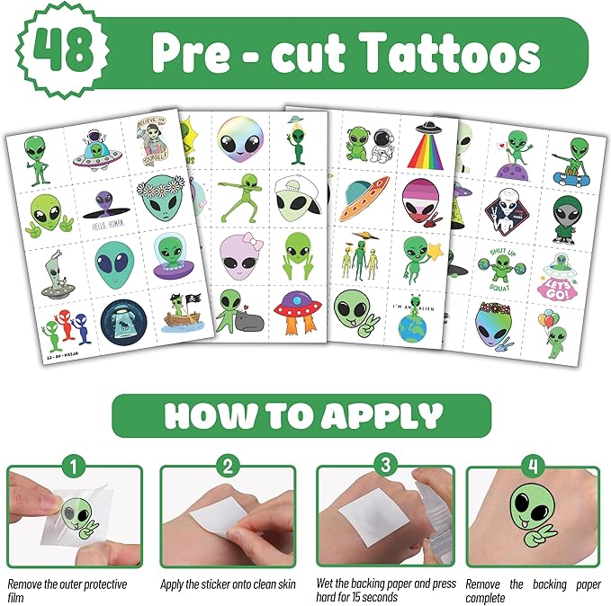 72 PCS Alien Party Favors 48 Tattoos Sticker and 24 Slap Bracelets Wristbands Perfect for Space Themed Birthday Baby Showers or Classroom Rewards Ideal Decor and Gifts for Girls and Boys