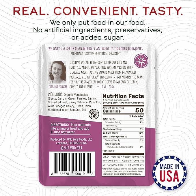 Wild Zora Instant Keto-Friendly Soups 5-Pack Variety, Broth Made with Grass-Fed Beef, Free-Range Chicken, and Vegetables, Gluten-Free, Low Carb, No Added Sugar, Flavorful Pantry Staples - 0.5oz/13g