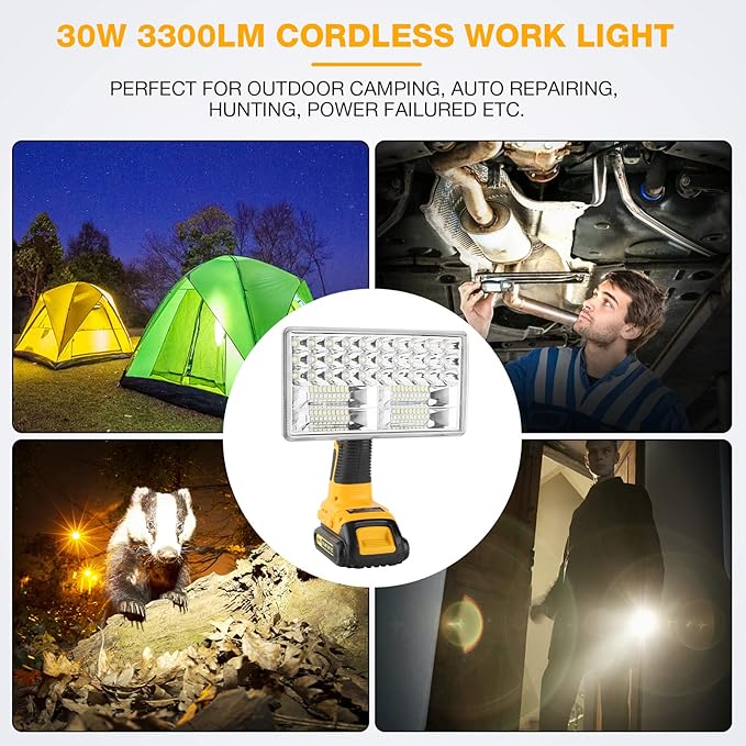 LED Work Light for Dewalt 20V Battery, Hiesuan 30W 3300LM Jobsite Light Flashlight Spotlight with 110 Degree Pivoting Head Zinc Alloy, 5V 2.1A USB Port