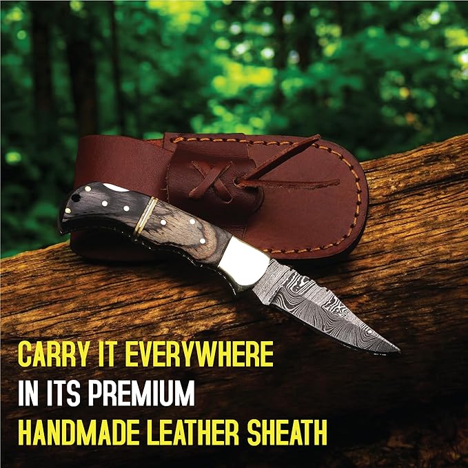 6.5 inch Damascus Pocket Knife with Sheath, Handmade Folding Pocket Knife for Men, Black-Red Wooden Handle with Brass Bolster, Secure Lock Back Camping Knife for EDC,Hunting,Hiking (Brown)