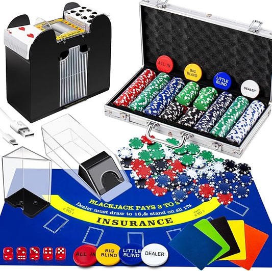 Aoriher Blackjack Casino Game Set, Include 300 Poker Chips, Casino Felt 1 Automatic Card Shuffler 6 Deck Dealer Shoe Discard Holder Tray Aluminum Case for Texas Holdem Blackjack Poker(Blue)