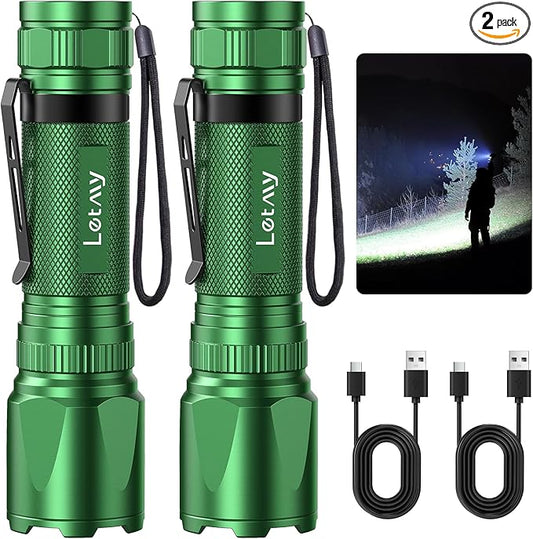 LETMY Rechargeable Flashlights High Lumens, 2 Pack 2000 Lumens Bright LED Tactical Flashlight, 3 Modes Samll Powerful Flash Lights with Clip, Waterproof Flashlights for Home Emergency Camping (Green)