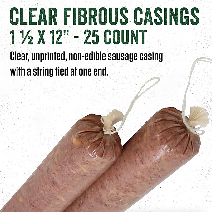 LEM Products Clear Fibrous Casings, 1 ½ Inches x 12 Inches, Non-Edible Sausage Casings, Stuffs Approximately 1 Pound Per Casing, Great for Summer Sausage, Pepperoni, and Salami, 25 Count Pack