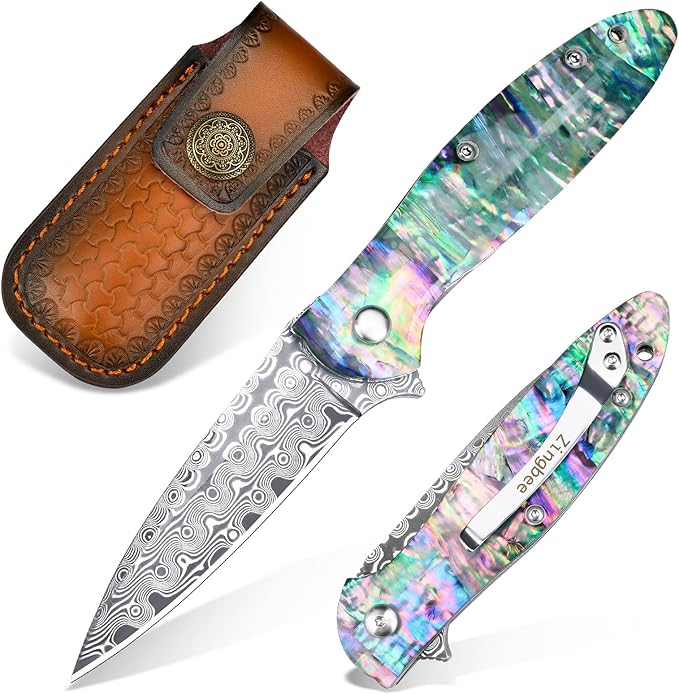 Damascus Pocket Knife for Women, 2.87" Damascus Steel Blade EDC Knives for Men, Abalone Shells Handle, Pocket Knives & Folding Knives for Indoor Outdoor Camping Hiking