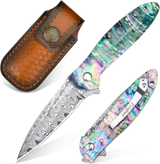 Damascus Pocket Knife for Women, 2.87" Damascus Steel Blade EDC Knives for Men, Abalone Shells Handle, Pocket Knives & Folding Knives for Indoor Outdoor Camping Hiking