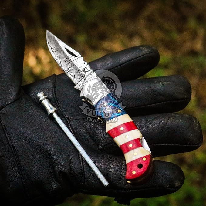 Damascus Steel Pocket Knife with Clip and Leather Sheath - EDC Knife for Outdoor and Camping Activities, Handmade Folding Knife, Free knife Sharpner (American Flag handle) (American Flag Handle)
