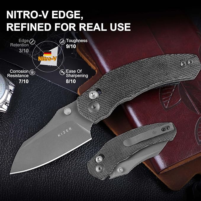 Kizer Mini Bulldog Pocket Knife, 2.5??Nitro V Sheepsfoot Blade Folding Knife, Micarta Handle Clutch Lock Small EDC Knife for Men Women Gift, Fishing Hiking Camping Hunting Knives V3672SA2