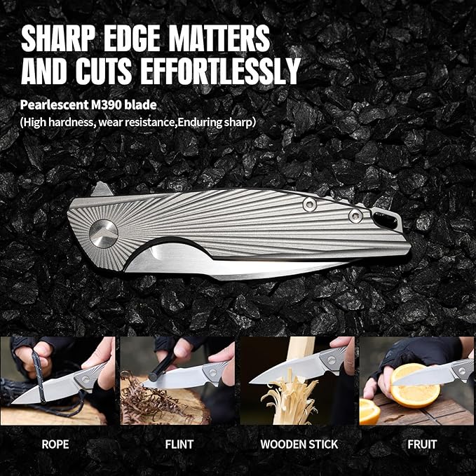 Folding Knife pocket knife EDC Knife With Clip Survival knife Hunting knife - M390 Steel Titanium Handle - Outdoor Hunting Hiking Survival Camping knife with Sheath Gifts For Men (Grey)