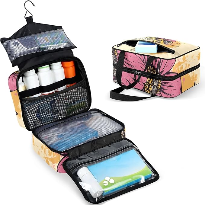 Fustylead Vintage Bee and Flowers Travel Medicine Storage Bag Large Household Pill Bottle Organizer with Zipper for First Aid, Pills, Vitamins, Medical Supplies