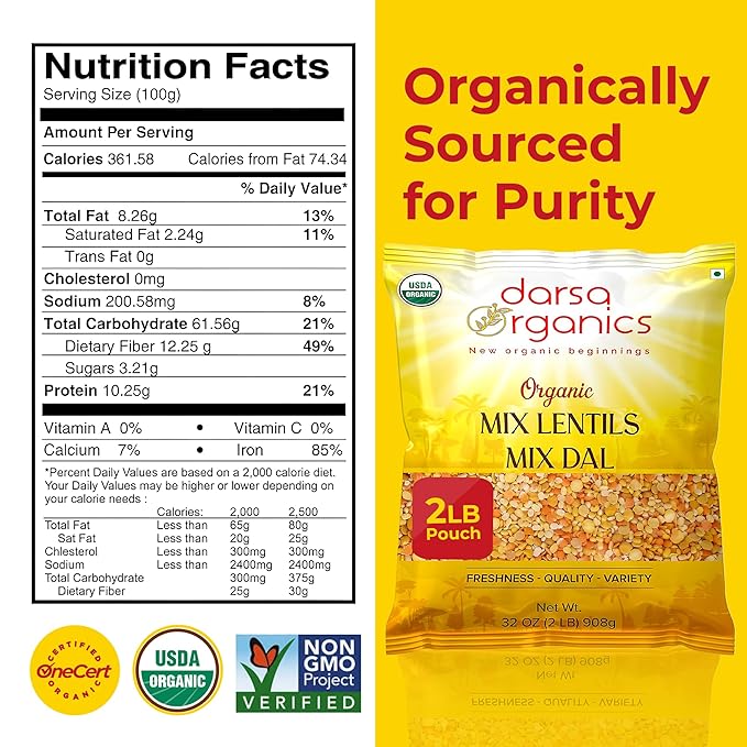 Darsa Organics Mixed Lentils (Panchratna Dal) 2lb | USDA Organic, Non-GMO, Kosher | Superfood Rich in Protein & Fiber | Great for Soup Mix, Stews, & Curries