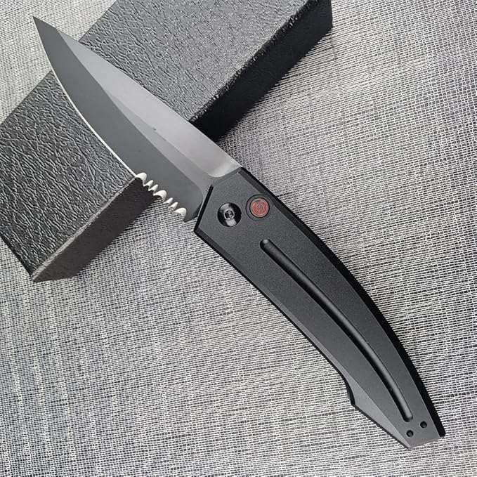 3.31'' D2 Steel Blade Aluminum Handles Speed Safe Botton Fast Opening Folding Knife with Pocket Clip, Camping EDC Tools, Survival Knives, Christmas Gift for Men and Women (Black Serrated Blade)