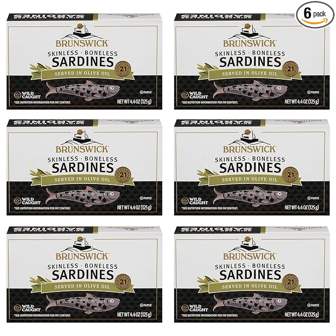 Brunswick Wild Caught Skinless and Boneless Sardines, Served in Olive Oil, 4.4 Ounce (Pack of 6)
