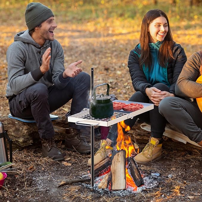 Skyflame Folding Campfire Grill Grate, Stainless Steel Swivel Camping Grill Grate and Griddle with Carrying Bag, Portable Outdoor Cooking Equipment for Open Flame Fire Pit, Backpacking, Camping