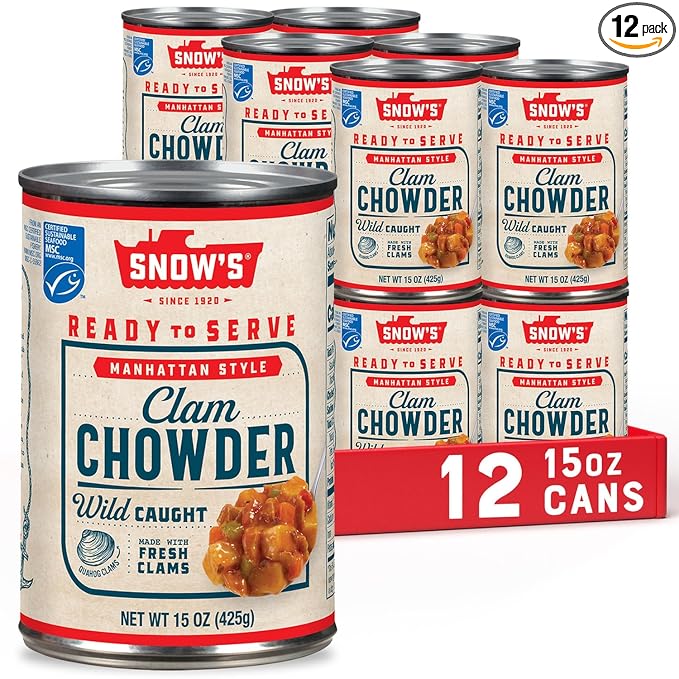 Snow's Manhattan Clam Chowder, 15 oz Can (Pack of 12) - 11g Protein per Serving - Ready-to-Serve Authentic Manhattan Style Recipe