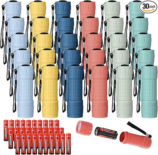 30 Pack 9 LED Small Mini Flashlight Set Plastic Handheld Flashlights with Lanyard, 3 AAA Batteries Included for Kids Night Reading Camping Emergency Hunting, 6 Color (Muted Color)