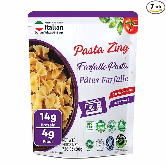 Pasta Zing Farfalle Pasta – Fully Cooked Bow Tie Pasta, Microwave Ready in 60 Seconds, Made with 100% Italian Durum Wheat, Non-GMO, No Preservatives, Halal & Kosher – 7.05 oz (Pack of 7)