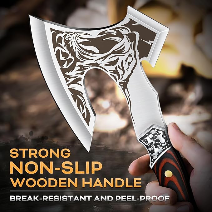 TIVOLI Camping Axe, Tiger - Patterned Survival Hatchet with Nylon Sheath, High Carbon Steel Blade Compact Outdoor Bushcraft Axe with Ergonomic Wood Grip, Camping Gear for Hiking, Chopping, Hunting