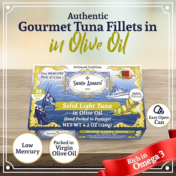 Santo Amaro - Artisanal Wild Tuna Fillets in Virgin Olive Oil, Hand-Packed Canned Tuna from Portugal, Atlantic Natural Tuna, Pole & Line Skipjack Tuna Canned, Low Mercury, 22g Protein Keto, Pack of 3