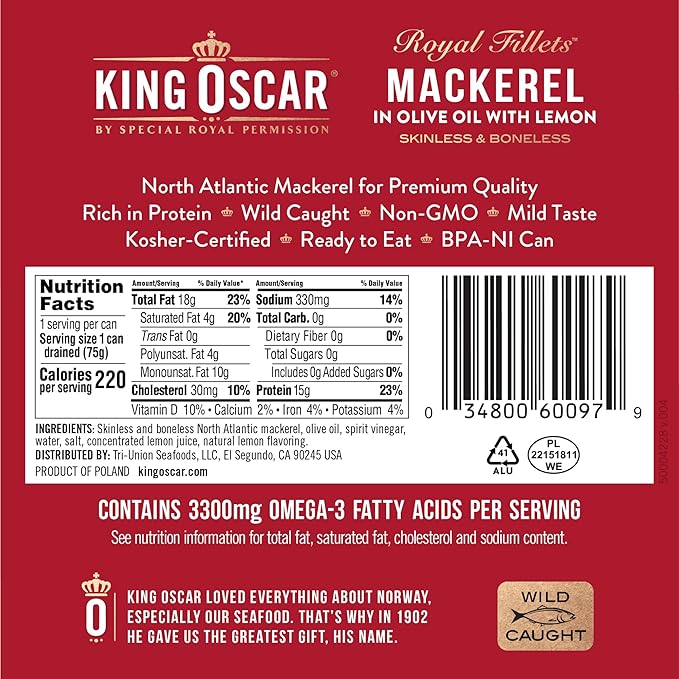 King Oscar Mackerel in Olive Oil with Lemon, 4.05 Ounce Cans (Pack of 12, Packaging May Vary), Skinless & Boneless, Wild Caught Canned Mackerel